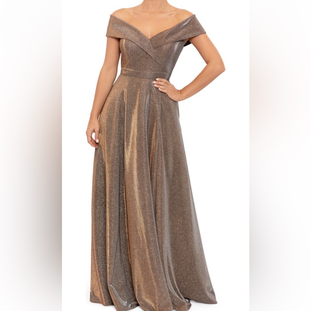 Xscape Gold Shimmer Off the Shoulder Evening Gown